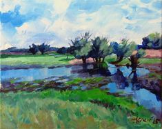 an oil painting of trees and water in a field with green grass on either side