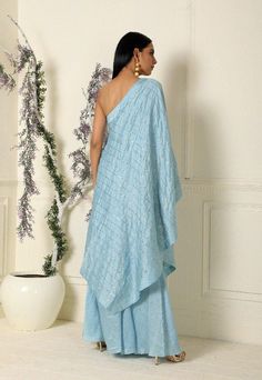 Ash Blue One Shoulder Tunic/Palazzo Set of 2 - Trendroots Palazzo Set, Embroidered Tunic, Best Deal, One Shoulder Dress, Shoulder Dress, Ash, One Shoulder, Dry Clean, Silk