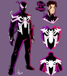 the spider - man is standing in front of purple and black colors, with his hands on