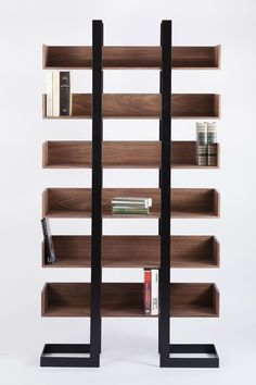 the bookshelf is made out of wood and metal