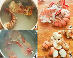 four pictures showing how to cook lobsters and clams in boiling water for dinner