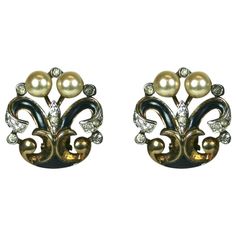 Trifari Eugenie Series Earclips | See more rare vintage Clip-on Earrings at https://www.1stdibs.com/jewelry/earrings/<null> Elegant Clip-on Brooches For Formal Occasions, Elegant Clip-on Brooches For Evening, Empress Eugenie, Tiffany Gold, Modern Hoop Earrings, Pave Jewelry, Diamond Decorations, Trifari Jewelry, Vintage Trifari