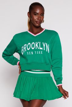 Long Sleeves, V-Neck, Sweatshirt, Cropped Hem, Graphic Print, Fleece, Item Number 3413075170212 Varsity Long Sleeve Sweatshirt With Graphic Print, Varsity Fleece Crew Neck Tops, Green Crew Neck Varsity Sweatshirt, Green Varsity Long Sleeve Sweatshirt, Team-colored Varsity Long Sleeve Hoodie, Women Platform Shoes, Romper And Jacket, Little Girl Dresses, Girls Pajamas