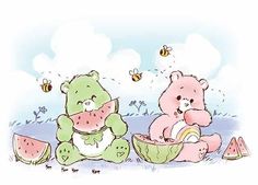 two teddy bears sitting next to each other eating watermelon