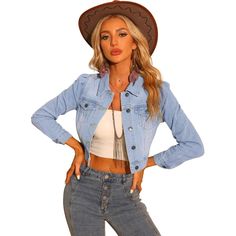 This is a fit H-shaped denim jacket with a lapel collar. It is made of thick and warm denim fabric, which becomes soft and comfortable after washing. The front center uses a button door to open and close with a regular lapel, which is very simple and practical. The front symmetrical chest pockets and puff sleeves add elegance and romance. It is suitable for the 18-35-year-old light mature group to get off work, go shopping, and make appointments. It is the perfect lightweight jacket for a casual Jean Jacket Design, Coffee Shop Office, Chic High Heels, Cropped Jean Jacket, Womens Cropped Jeans, Crop Jean Jacket, Overalls Pants, Classic Denim Jacket, Casual Night Out