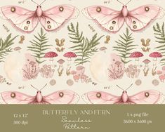 the butterfly and fern pattern is shown in pink