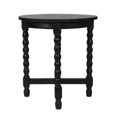 a black wooden table with two legs and a round top on the bottom, against a white background