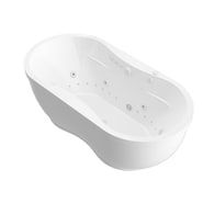 the bathtub is white and has an oval shaped body with holes in it,