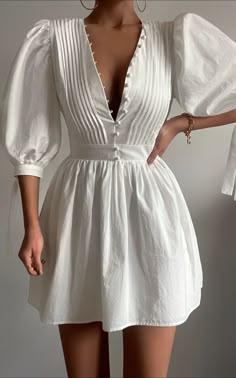 Casual Work Dresses, Work Dresses For Women, Fall Dress Outfit, Casual White Dress, Poplin Dress, Puffed Sleeves Dress, Daily Dress, Mini Dress With Sleeves, V Neck Dress