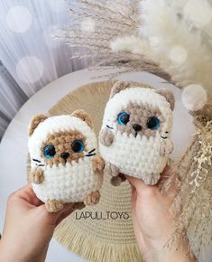 two small crocheted cats are being held up by someone's hands with blue eyes