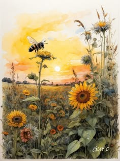 a painting of a sunflower field with a bee flying over it