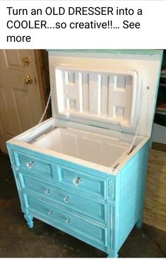 an ice chest is painted in blue and white