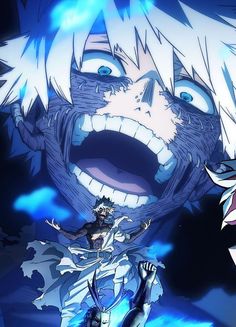 an anime character with white hair and blue eyes, holding his hand out in front of him