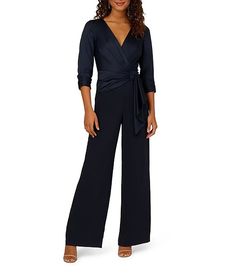 Adrianna Papell Stretch Satin Crepe Surplice V-Neck 3/4 Sleeve Side Drape Jumpsuit | Dillard's Formal Fall V-neck Jumpsuits And Rompers, Evening V-neck Jumpsuit With Tie Waist, Evening V-neck Jumpsuits And Rompers With Tie Waist, Evening Jumpsuits And Rompers With Tie Waist And V-neck, Elegant V-neck Pantsuit For Fall, Elegant Fall Jumpsuits And Rompers With Tie Waist, Elegant Long Sleeve Jumpsuits And Rompers With Tie Waist, Formal V-neck Jumpsuits And Rompers For Fall, Formal Satin V-neck Jumpsuit