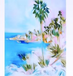 a painting of palm trees and the ocean