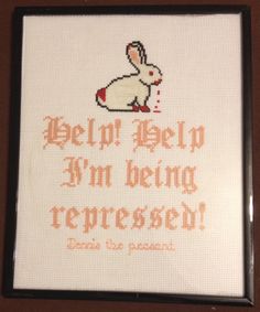 Monty Python & the Holy Grail Cross-Stitch w/DMC E940 glow in the dark bunny Geeky Cross Stitch, Funny Cross Stitch Patterns, Geek Crafts, Comedy Film