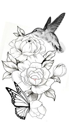 a black and white drawing of a hummingbird sitting on flowers with a butterfly nearby