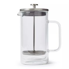 a glass french press coffee maker with a stainless steel strainer