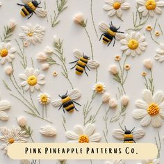 bees and daisies on white background with text that reads pink pineapple patterns co