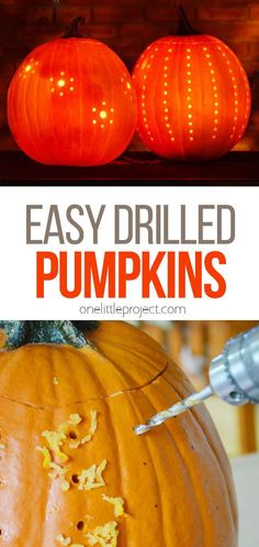 two pumpkins with the words easy drilled pumpkins on them, and an image of