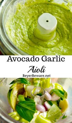 avocado gaulie in a food processor with the text above it