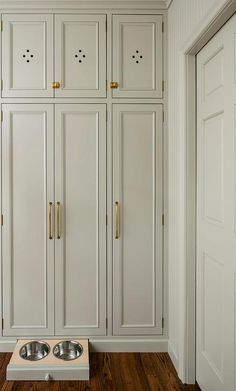 an empty dog food bowl in front of white cabinets with brass pulls and handles on the doors