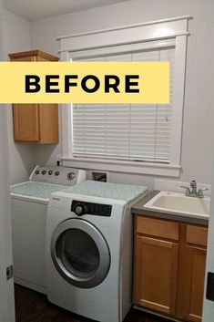 a washer and dryer in a small room with the words before above it