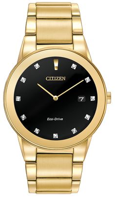 Citizen watch Axiom at1062-56g
The refined but elegant design of Axiom offers a fashion option day and night for creators of passionate trends. This watch presents the intriguing details of a glass edge -to -edge glass, a dial at 11 diamonds and a date. Presented with a golden stainless steel case and bracelet with a black dial.
Specifications





Gender :

Man


Metal :
Stainless steel


Color :
Yellow


Movement :
Eco-Drive


Box diameter:
40 mm


Water seal:
100 m




 
Citizen warranty
Your Mens Watches Citizen, Citizen Watches, Eco Drive Watches, Diamond Watches For Men, Citizen Watch, Citizen Eco, Eco Drive, Latest Tech, Mens Gold