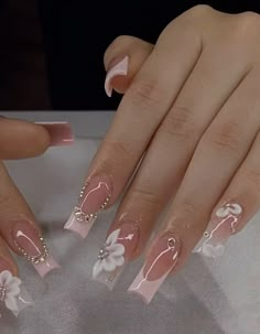 Birthday Nail Set Ideas Summer, Nails Without Charms, Nails W Gems, Quince Nails Pink, Nail Ideas With Gems, Promotion Nails, Short Quince Nails, Xv Nails, Nails Acrylic Flower