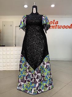 Sparkly Guipure lace with laser cut designs V neckline front and back A line long sleeves 64" length Mannequin is 5 10" wearing size 16 US Product is true to color Made in Nigeria Available sizes 10-22 US Iro And Buba Styles Lace, Ankara Maternity, Kitenge Styles, Kaftan Styles