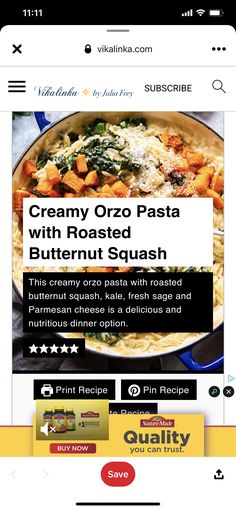 the website for creamy orzo pasta with roasted butternut squash is displayed on an iphone