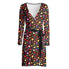 Black wrap dress with colorful polka dot pattern and long sleeves Body Hugging Dress, Hugging Silhouette, Long Sleeve Wrap Dress, Luxury Dress, Classic Dress, Sophisticated Style