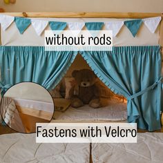 a teddy bear sitting on top of a bed under a blue curtain with the words, without rods fastens with velcro