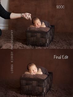 a baby is laying in a wooden box and being fed milk by his mother's hand