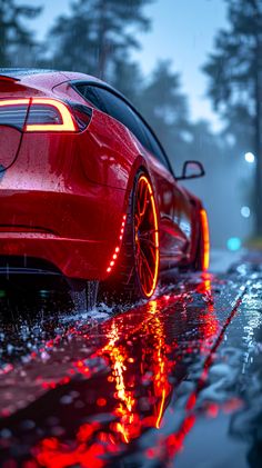 a red sports car is parked in the rain with its lights on and it's hood up