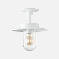 a white light fixture with an electric bulb