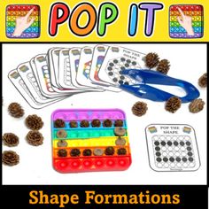 some pine cones and scissors are next to the shape formation game for kids with words pop it