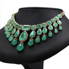 Colombian Emerald Choker Necklace: 160 ct Emeralds, 15.85 ct Diamonds, – bellacaribe Luxury Fine Jewelry Emerald Necklace With Round Pendant, Luxury Emerald Chandbali Jewelry, Luxury Traditional Kundan Emerald Necklace, Luxury Yellow Gold Hand-set Emerald Necklace, Luxury Traditional 22k Gold Emerald Necklace, Gold Emerald Jewelry, Emerald Choker, Emerald Necklaces, Emerald Green Jewelry