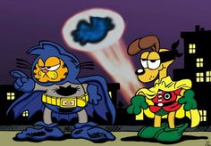 cartoon characters dressed up as batman and catwoman in front of a city at night