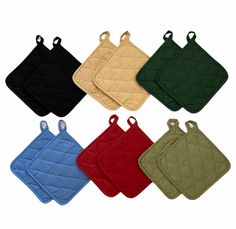 six oven mitts in different colors and sizes