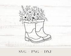 a pair of rubber boots with flowers in them and the words svg png dxf