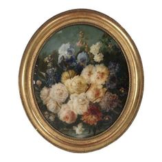 an oil painting of flowers in a gold frame