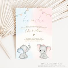 an elephant themed baby shower is shown on the front and back of this pink, blue, and white shower