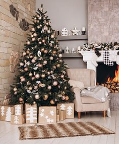 a living room with a christmas tree and presents on the floor next to a fireplace