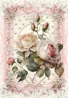 an ornate frame with roses and pearls on the edges, in pastel pink tones