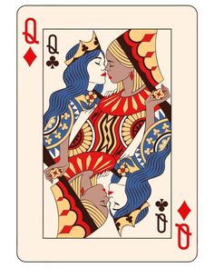 a playing card with two women in red, white and blue outfits holding hands up to each other