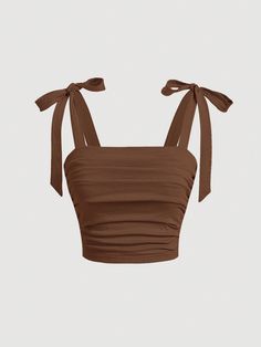 Tie Shoulder Ruched Cami Top Brown Casual   Knitted Fabric Plain Wide Strap Medium Stretch  Women Clothing, size features are:Bust: ,Length: ,Sleeve Length: Top Marron, Khaki Tops, Brown Tops, Casual Outfits For Teens, Glam Outfit, Brown Shirt, Quick Outfits, Women Tank Tops, Easy Trendy Outfits