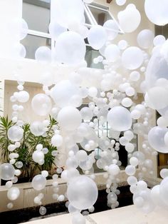 white balloons are floating in the air near a window and potted plant on a table