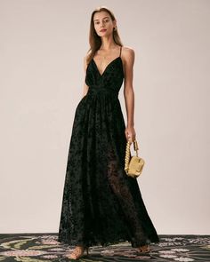 The Black Floral Flocked Mesh Slit Maxi Dress & Reviews - Black - Dresses | RIHOAS Summer Flower Girl Dresses, Tailored Clothes, Denim Maxi Dress, Sundress Dress, Resort Dresses, Maxi Dress Black, Backless Maxi Dresses, Lace Maxi Dress, Black Dresses