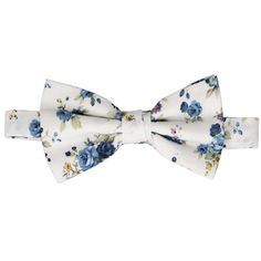 We love the simplicity of this blue and white floral bow tie. You can wear this bow tie casually, but the flower colors are just perfect for your wedding day. The bow tie is pre-tied, so you don't need to worry if your groomsmen can't tie a bow tie. It's made from 100% cotton for a non-shiny look. Make this bow tie a set with the matching pocket square, available for purchase. Product Features Pre-tied band collar bow tie Men's size Bow measures approximately 4.5" across and 2.25" high on the en Dapper Summer Bow Tie With Satin Bow, Spring Black Tie Event Satin Bow Tie, Dapper Satin Bow Tie For Summer, White Bow Tie For Spring, White Bow With Tie Back For Spring, Blue Bow Tie With Bow Tie Back For Summer, Elegant Blue Bow Tie For Spring, White Dapper Bow Tie For Wedding, Elegant Adjustable Bow Tie For Spring